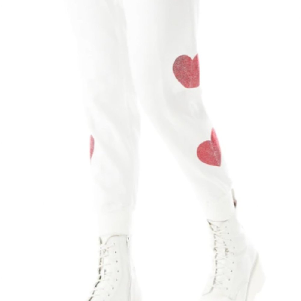 White LF Rhinestone Heart Sweatpants